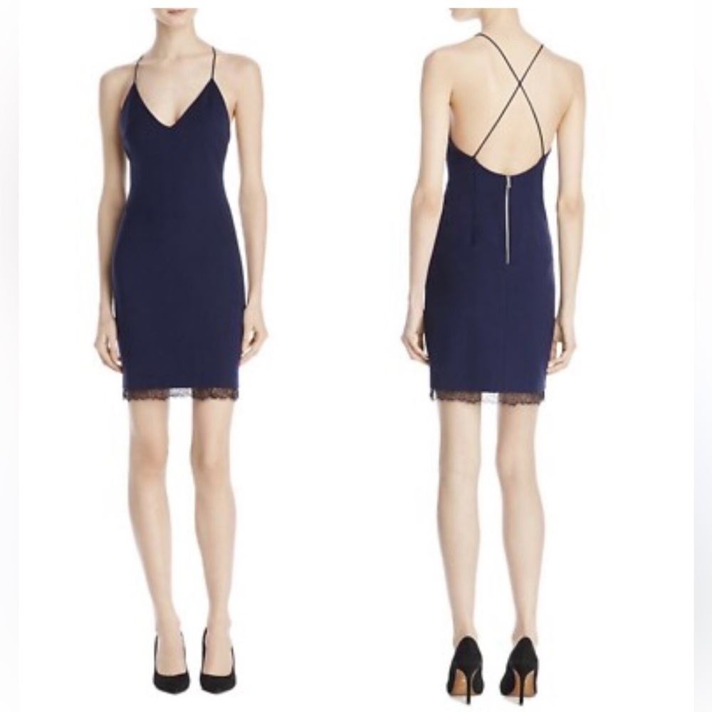 Alice + Olivia Leigh Midnight Blue Lace Trim Mini Dress | 4